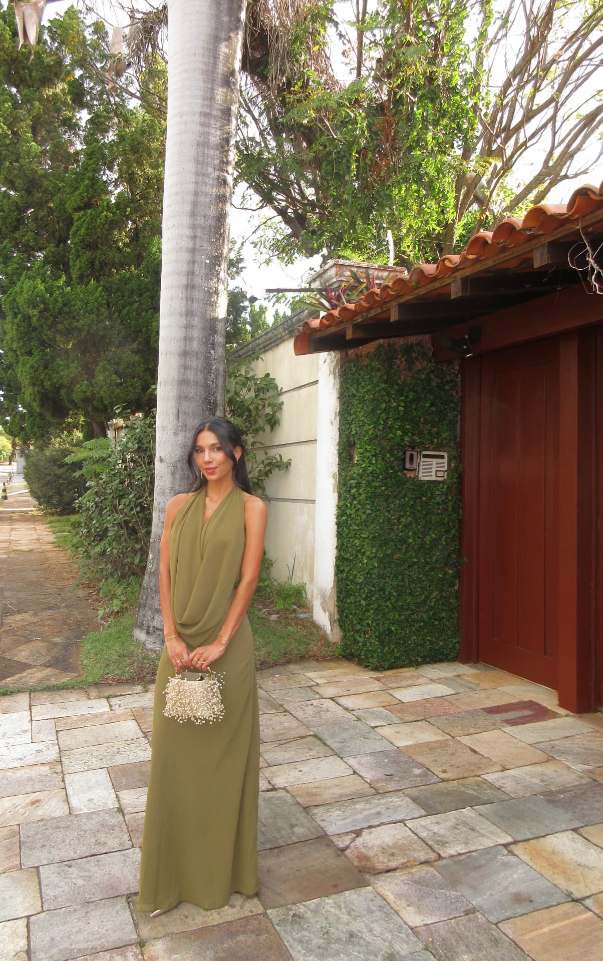 Olive halter maxi dress with beaded mini bag